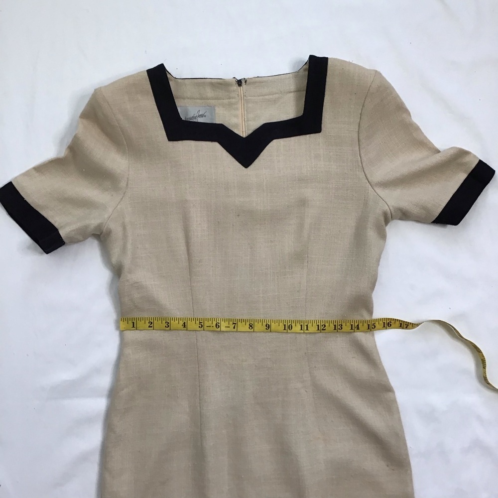 Jacqueline Ferrar Vintage Women Cream Black Trim Sheath Dress Square Neck 4 - Picture 9 of 11
